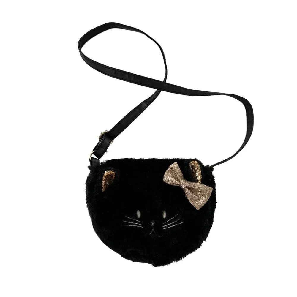 Vtg Retro Claires Club Furry Black Cat Crossbody‎ Purse Bag Kitty Sequin